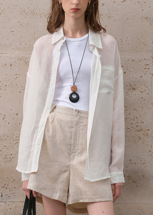 New White Peter Pan Collar Button Linen Shirt Top Summer