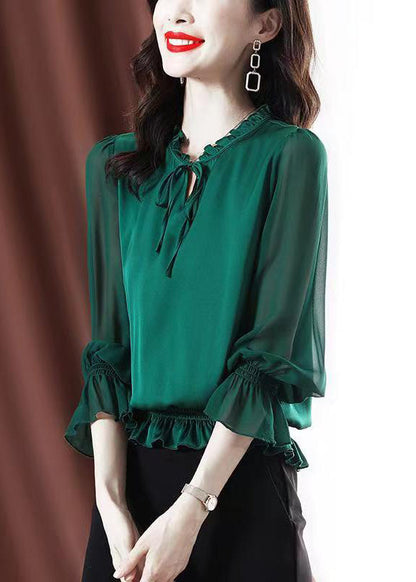Green Ruffled Lace Up Chiffon Shirt Spring