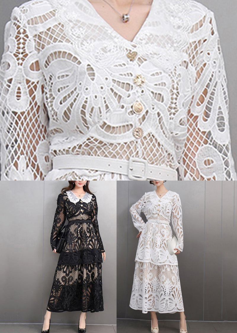 Black Peter Pan Collar Lace Long Dress Spring