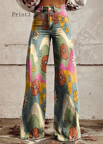Loose Print High Waist Pockets Denim Pants Spring