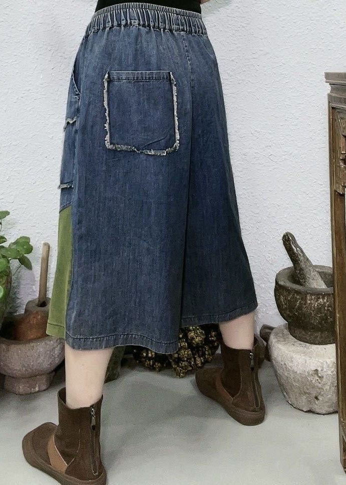 Red Pockets Patchwork Denim Wide Leg Pants Summer