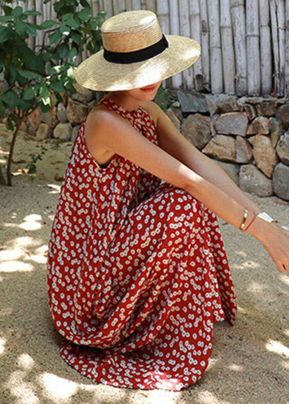 Red Colour O-neck Print Pockets Chiffon Jumpsuits Pants Summer