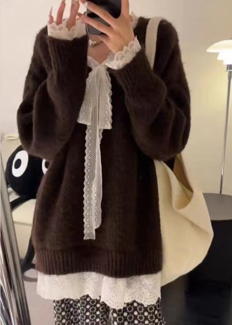 Grey Cozy Lace Patchwork Knit Sweater Winter