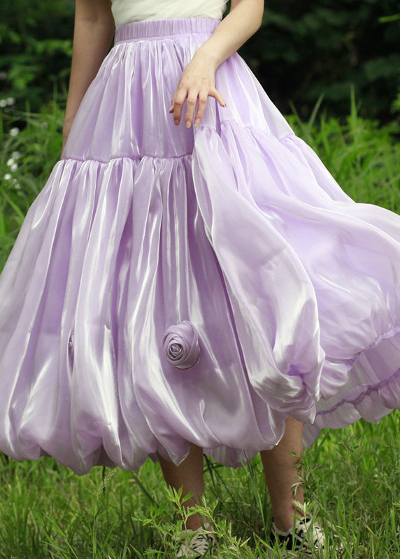 Purple Elastic Waist Silk Skirts Summer