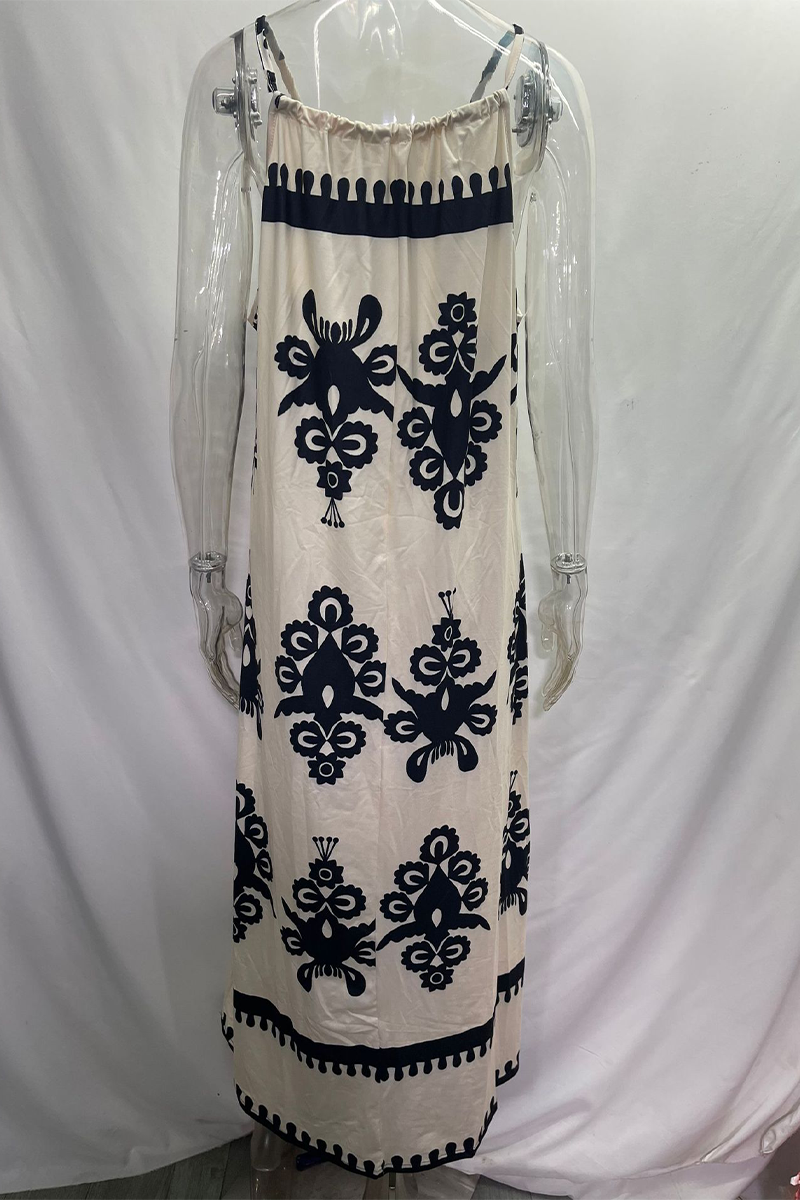 National Totem Print Draw String Square Neck Sling Dresses(4 Colors)
