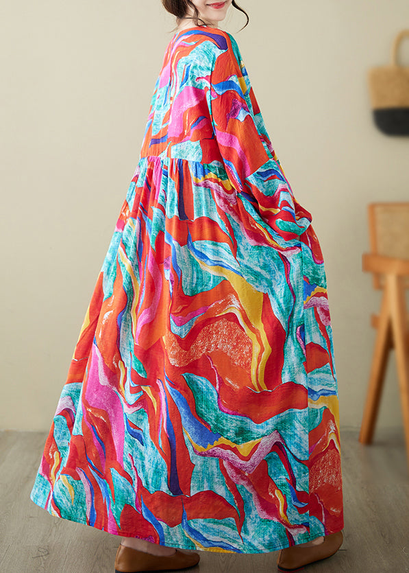 Holiday Style Red O-neck Print Loose Cotton Long Dress Summer