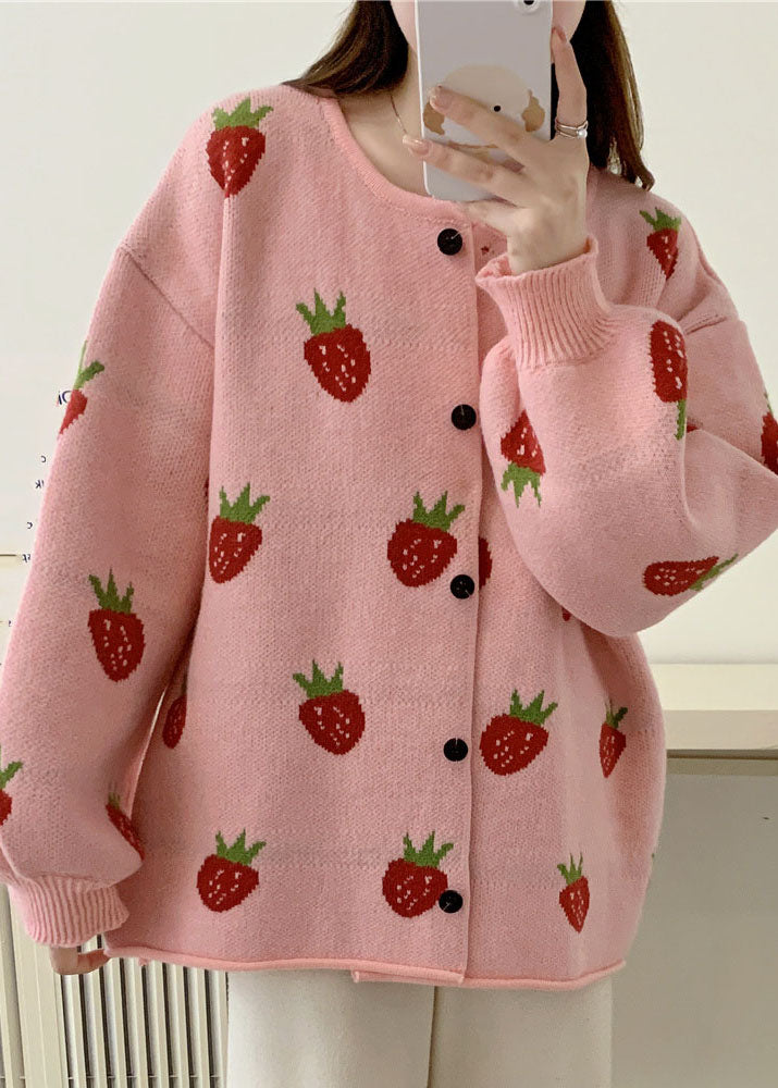 Pink Strawberry Cotton Knit Sweaters Coats Fall