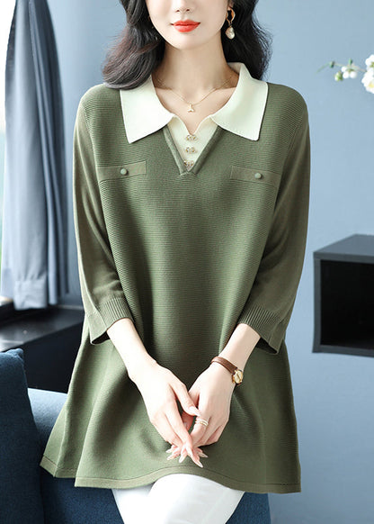 Green Peter Pan Collar Patchwork Ice Silk Tops Bracelet Sleeve