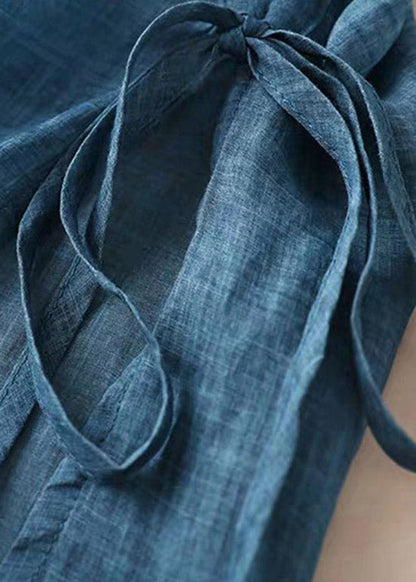 Blue O-neck Embroidered Cotton Dress Short Sleeve