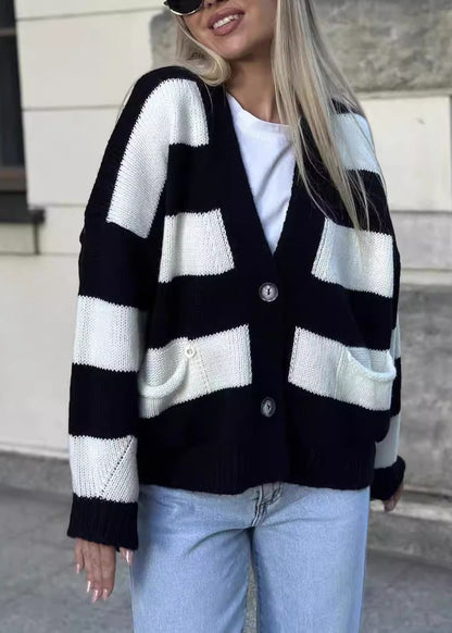 Grey V Neck Pockets Striped Knit Cardigan Fall