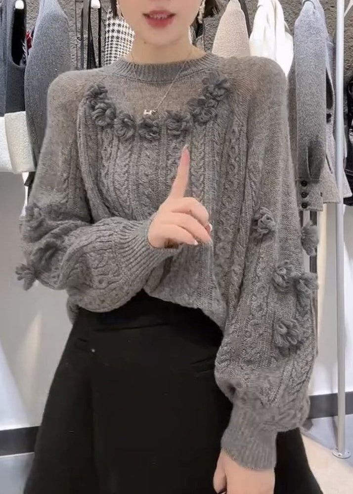 Art Grey O-neck Cable Knit Sweater Winter