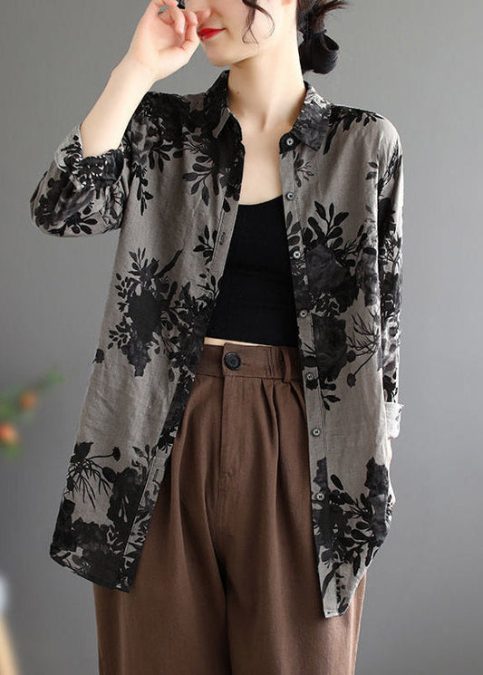 Organic Grey Peter Pan Collar Print Button Tops Long Sleeve