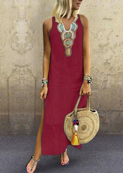 Yellow V Neck Embroidered Cotton Long Dress Sleeveless