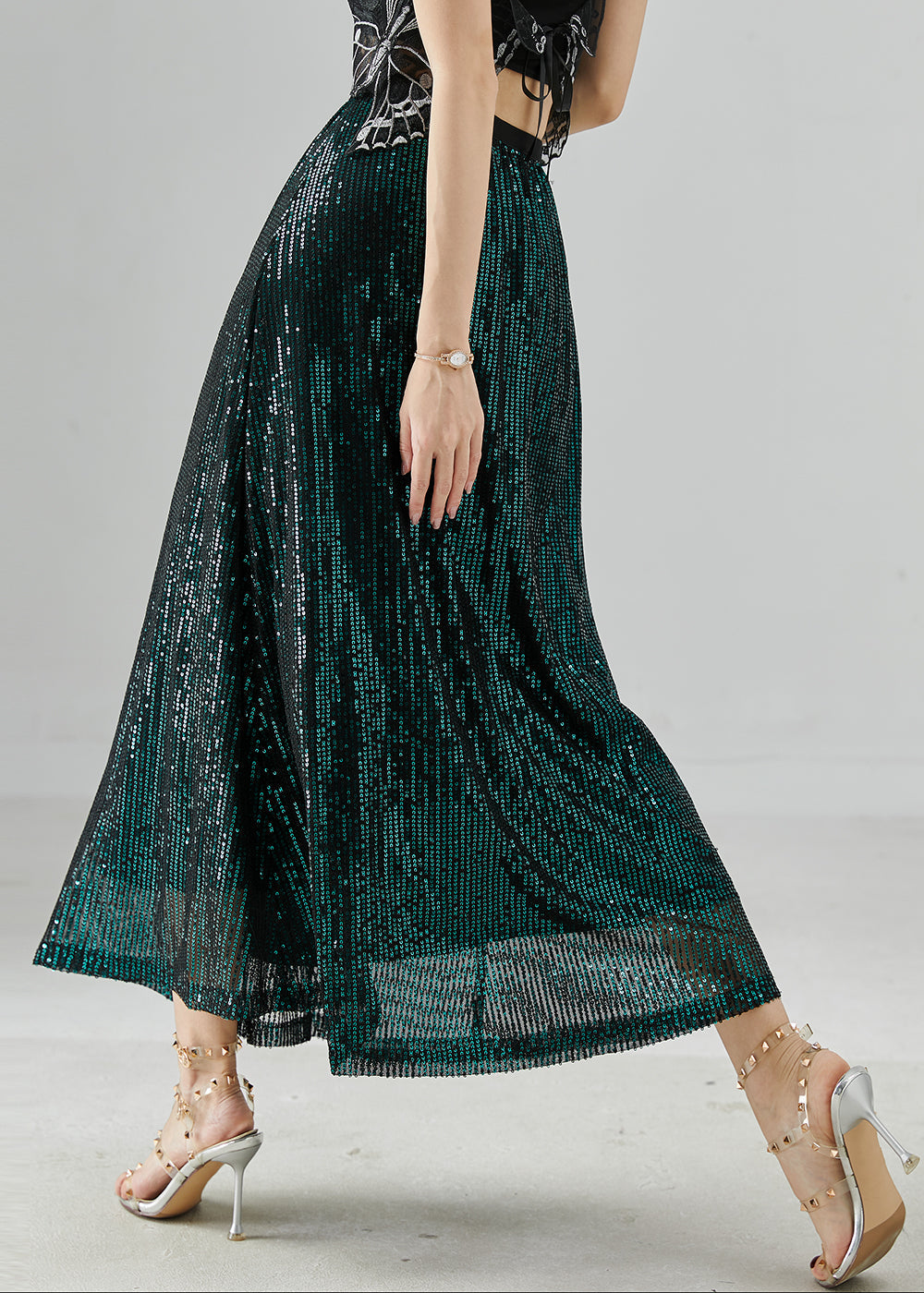 Peacock Green Sequins Silm Fit Holiday Skirts Summer
