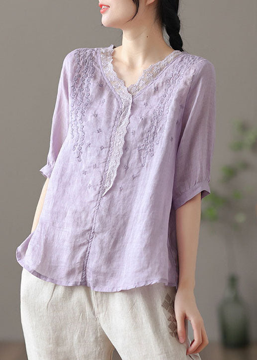 Purple V Neck Embroidered Linen Blouse Tops Half Sleeve