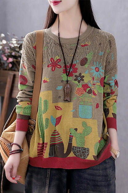 New Printed Knit Sweater Round Neck Loose Sweater
