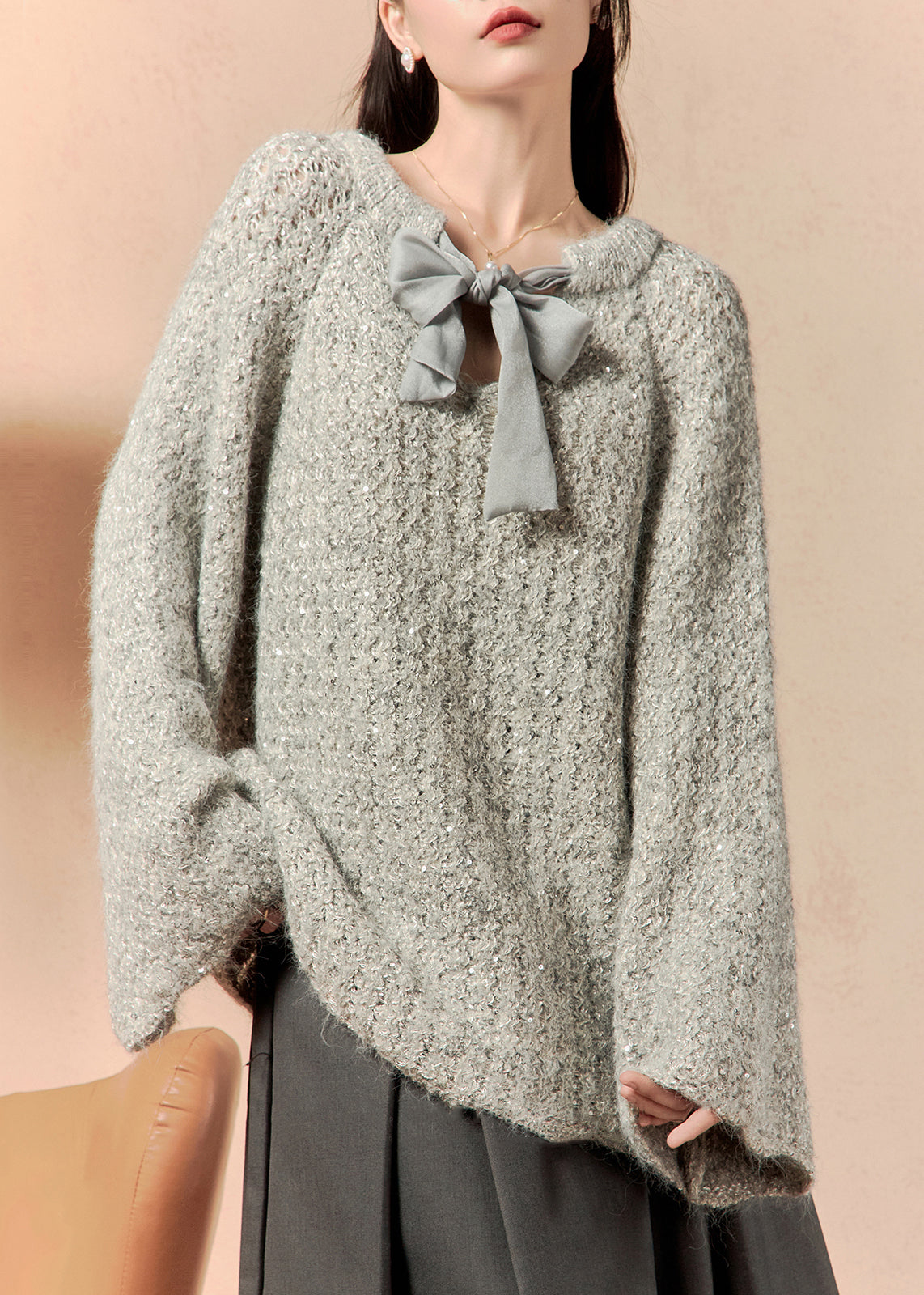 Loose Grey Lace Up Knit Sweaters Flare Sleeve