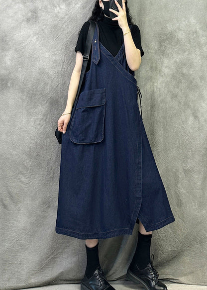 Original Design Navy Patchwork Denim Spaghetti Strap Dresses Spring