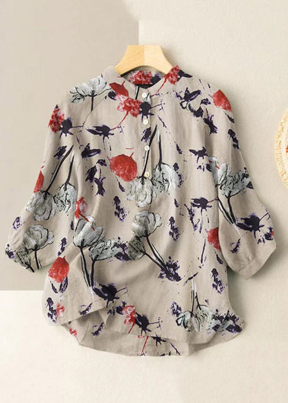 Khaki Stand Collar Print Stand Collar Shirt Half Sleeve