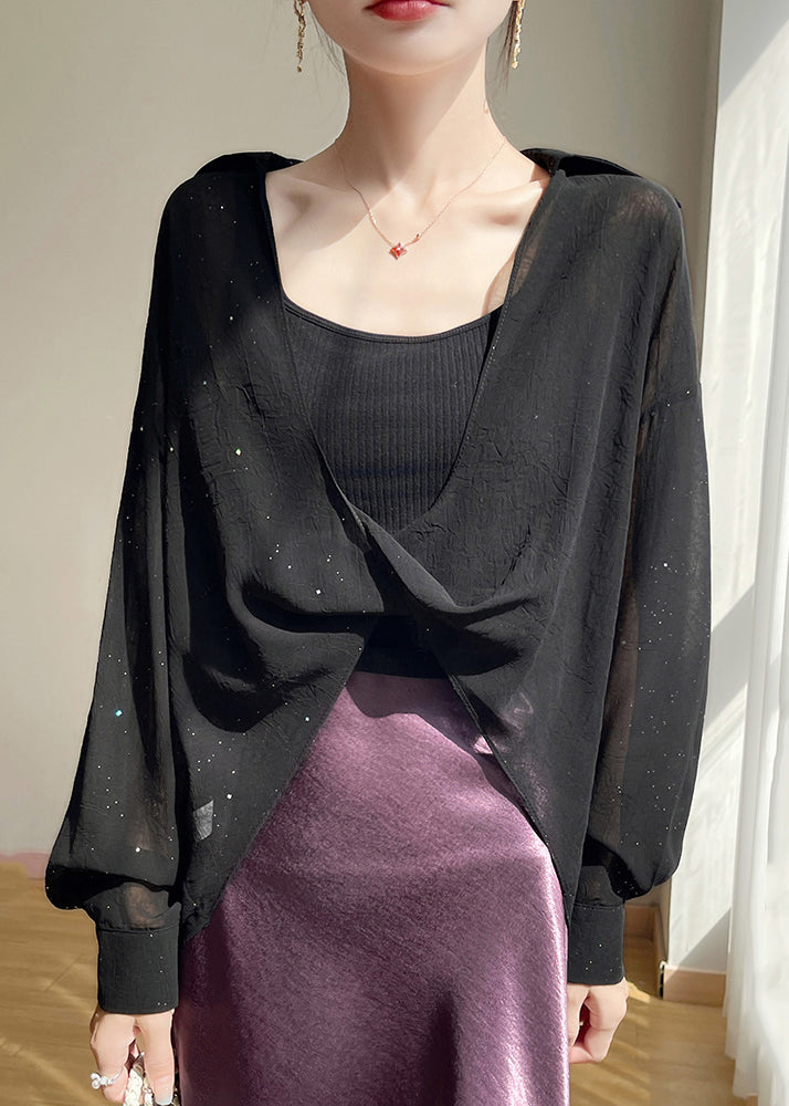 Black Peter Pan Collar Chiffon Blouses Fall