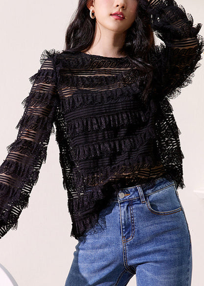New Black O Neck Lace Top Long Sleeve