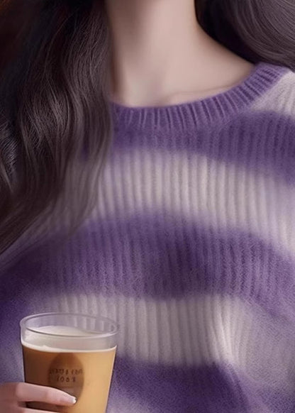 Purple O Neck Striped Cozy Knit Sweater Winter