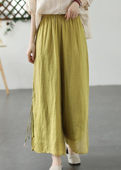 Yellow Embroidered Patchwork Linen Wide Leg Pants Summer