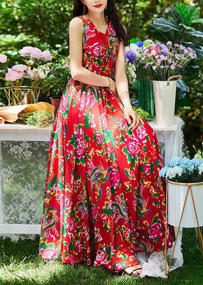 Red Print Exra Large Hem Chiffon Dresses Sleeveless