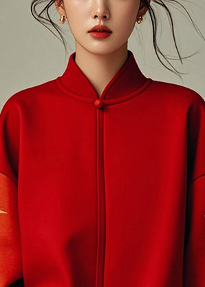 Red Stand Collar Patchwork Cotton Sweatshirt Spring
