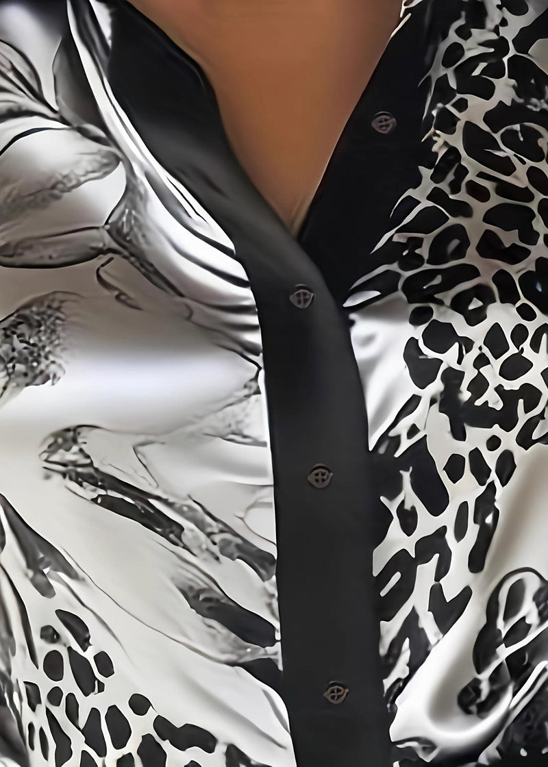 Unique Grey Peter Pan Collar Print Silk Top Spring