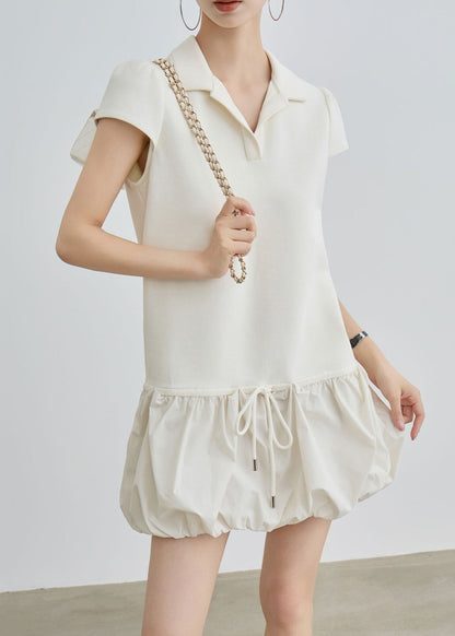 Beige Peter Pan Collar Lace Up Cotton T Shirts Dress Summer