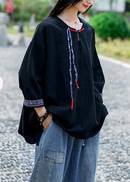 Loose Black Button Linen Tops Bracelet Sleeve