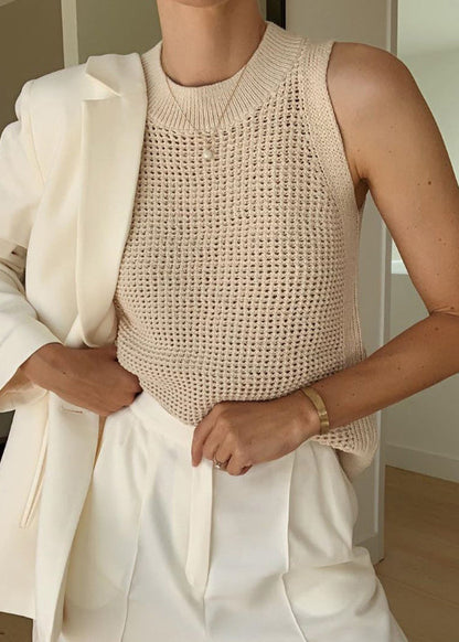 Style Beige O Neck Hollow Out Ice Silk Knit Tops Sleeveless