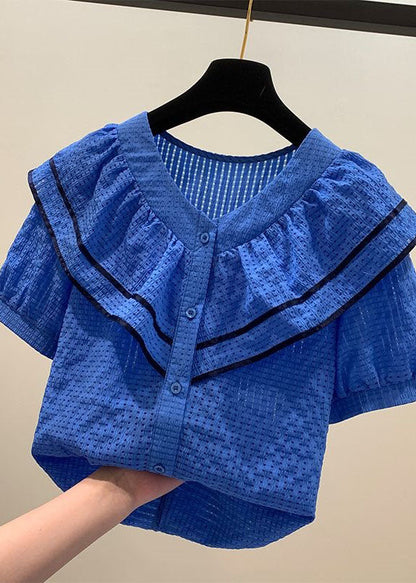 Blue Ruffled Patchwork Chiffon Shirt Tops Summer