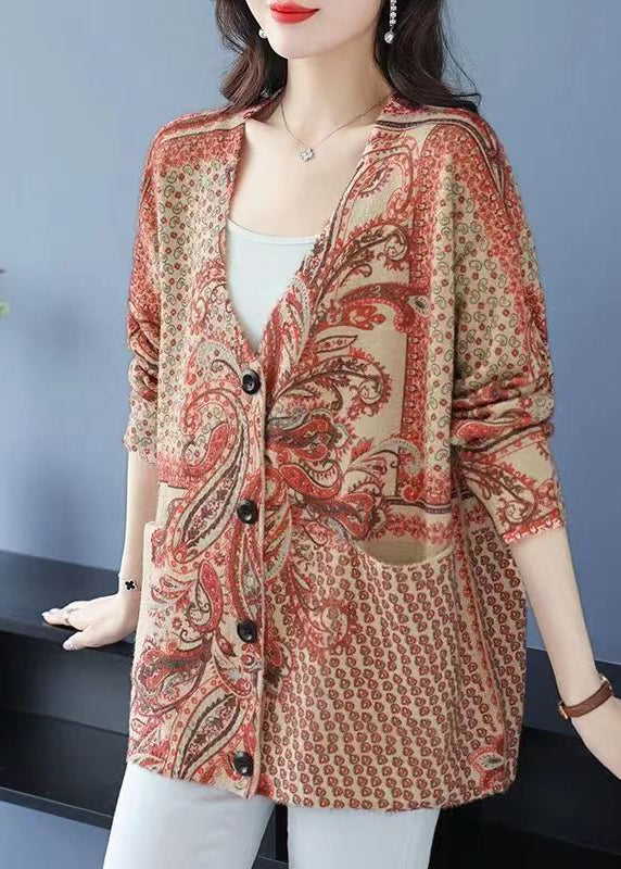 Orange V Neck Print Button Mink Hair Knitted Coat Fall