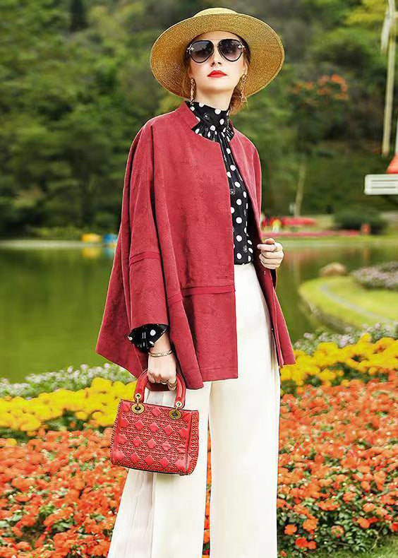 Red Batwing Sleeve Patchwork Cotton Cardigan Coat Fall