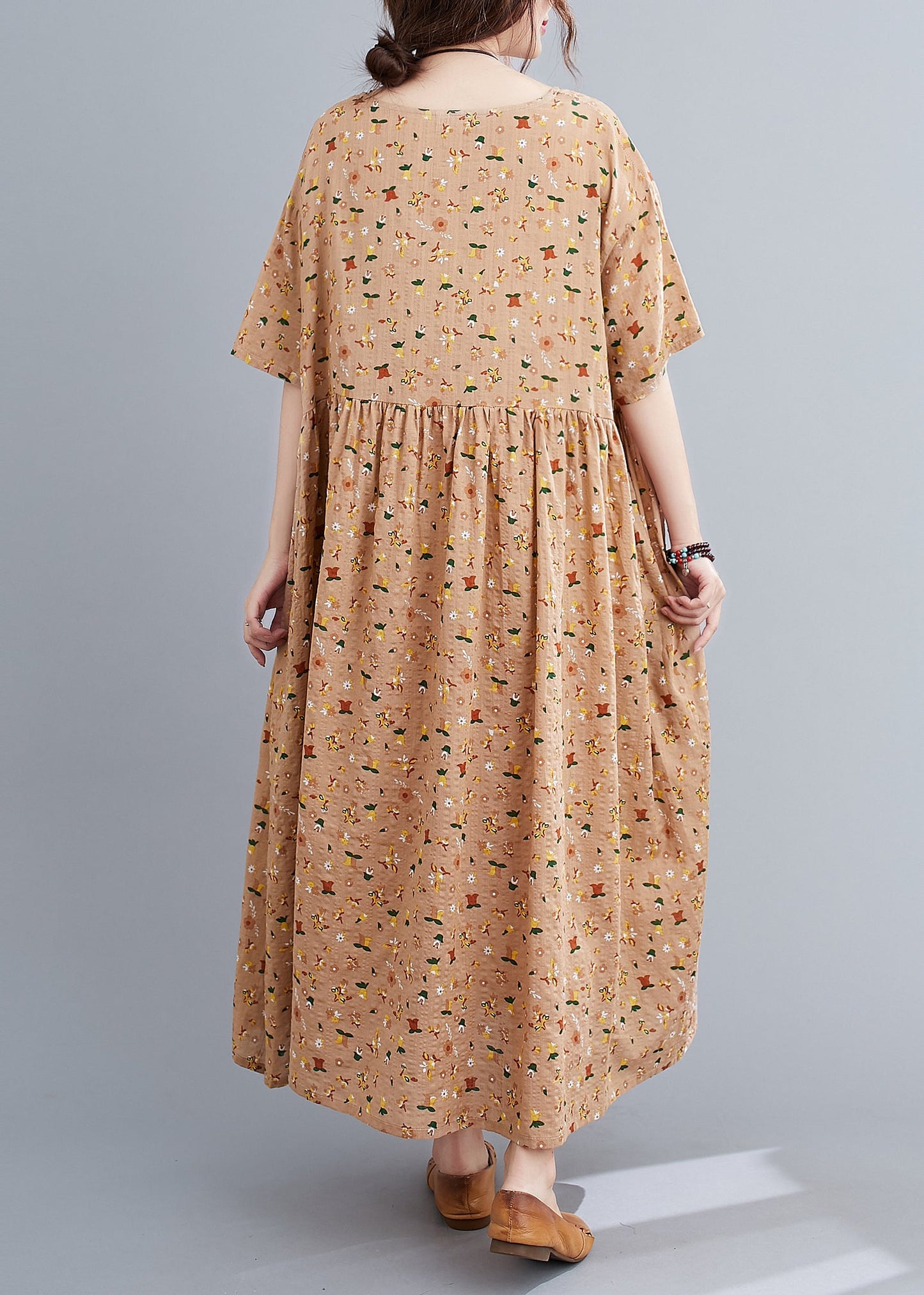 French Pink Orange O-neck Wrinkled Print Cotton Loose Dresses Short Sleeve