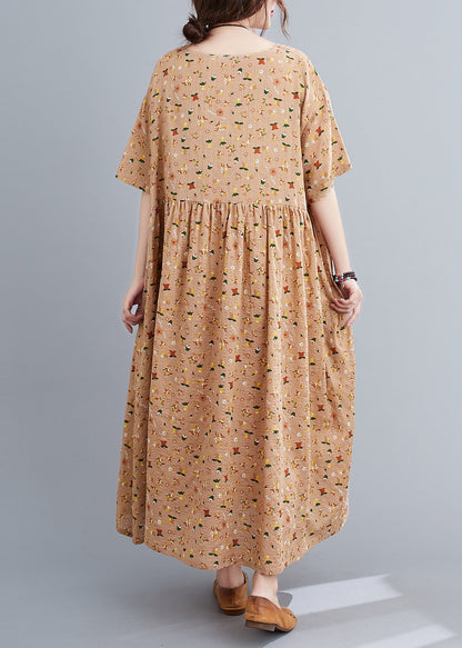 French Pink Orange O-neck Wrinkled Print Cotton Loose Dresses Short Sleeve