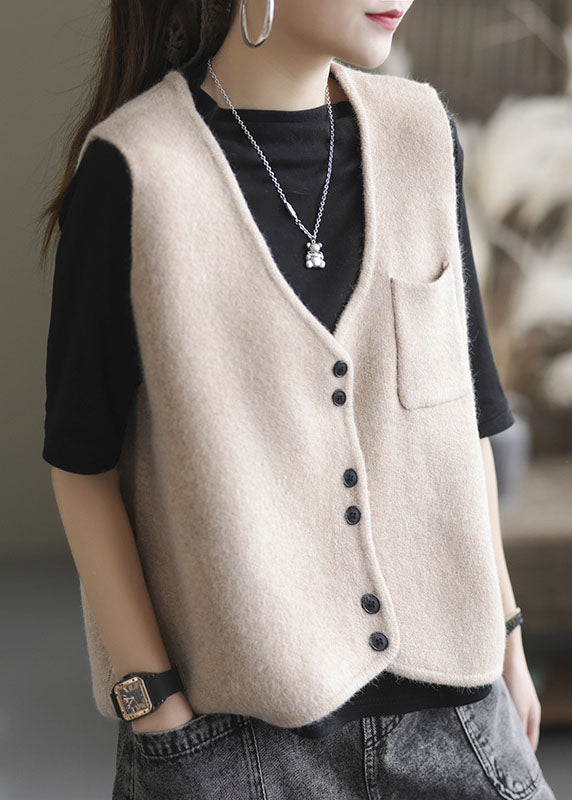 Simple Apricot V Neck Pockets Knit Tank Tops Sleeveless