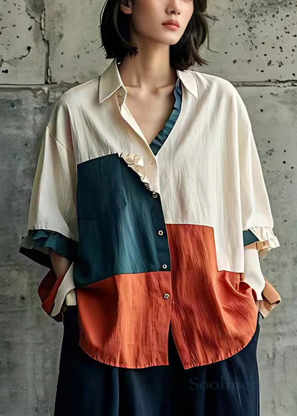 Beige Peter Pan Collar Button Cotton Shirts Butterfly Sleeve