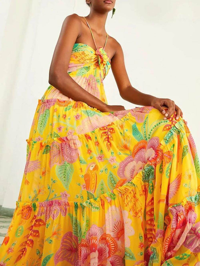 Printed Design Hanging Neck Backless Straight Maxi Dress