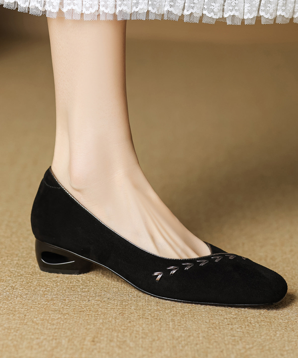 Brown Splicing Suede Chunky Shoes Square Toe