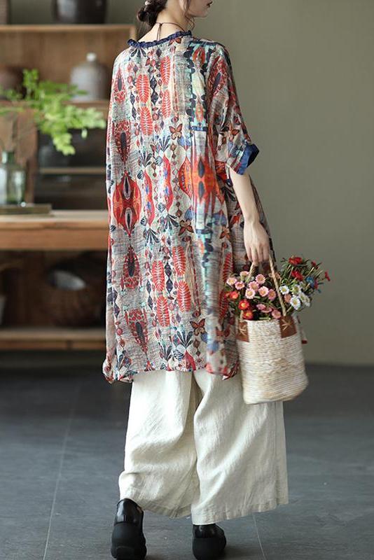 Ramie Print O-neck Loose Shirt