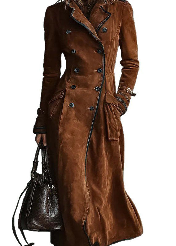 French Chocolate Peter Pan Collar Pockets Faux Suede Trench Fall