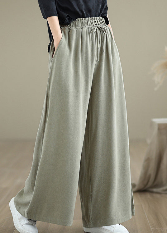 Light Green Pockets Elastic Waist Cotton Pants Fall