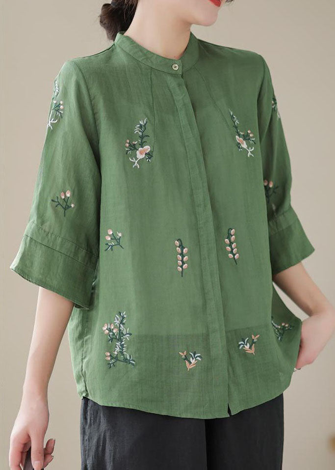 Green Stand Collar Embroidered Patchwork Linen Tops Summer