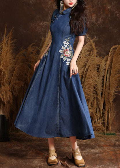 Navy Peter Pan Collar Embroidered Button Denim Maxi Dresses Summer