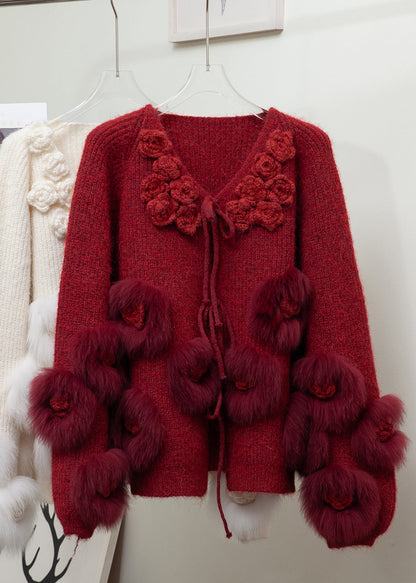 Beige Lace Up Fox Fur Patchwork Knit Coats Winter