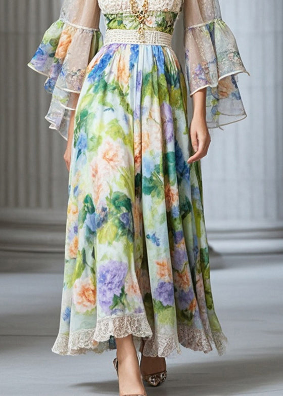 Square Collar Print Chiffon Vacation Dresses Fall