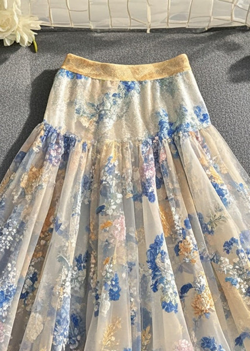 White Print Silm Fit Tulle Skirts Summer